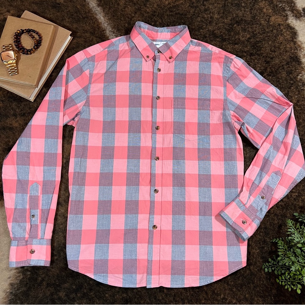 Men's Pink and Grey Plaid Button Down, Old Navy